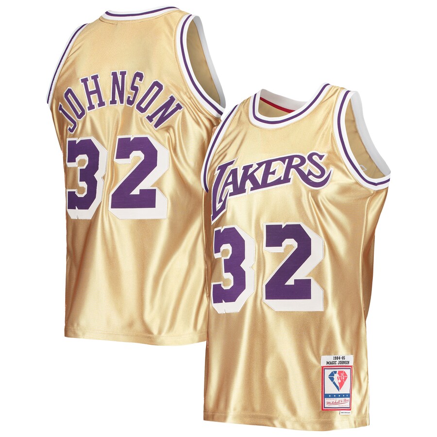 Men's Los Angeles Lakers Magic Johnson Gold Mitchell & Ness 75th Anniversary 1984/85 Hardwood Classics Swingman Jersey - Puhuasuan