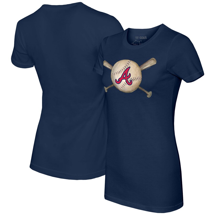 Women's Atlanta Braves Tiny Turnip Navy Baseball Cross Bats T-Shirt - Puhuasuan