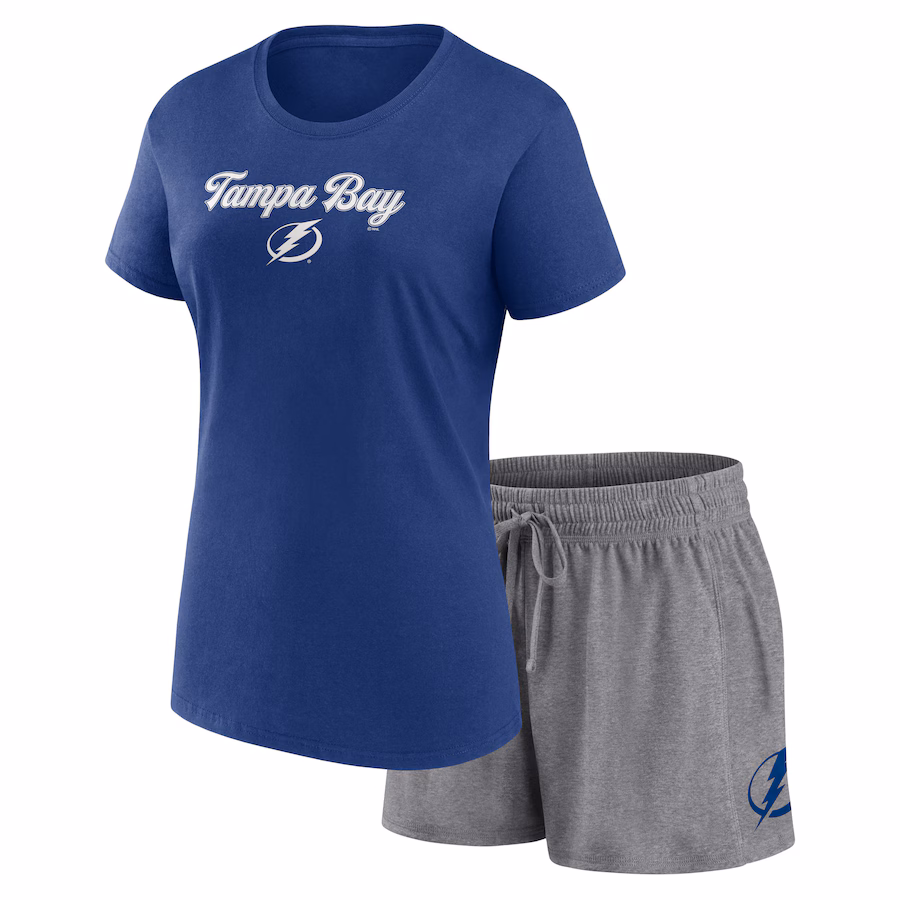 Women's Tampa Bay Lightning Fanatics Blue/Gray Script T-Shirt & Shorts Set - Puhuasuan