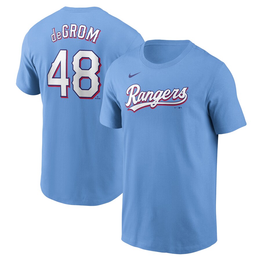 Men's Texas Rangers Jacob deGrom Nike Light Blue Fuse Name & Number T-Shirt - Puhuasuan