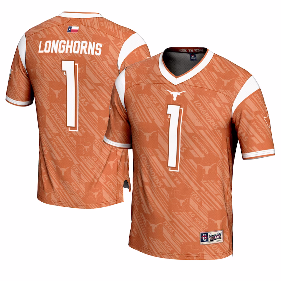 Texas Longhorns #1 GameDay Greats Texas Orange Highlight Print Football Fashion Jersey - Puhuasuan