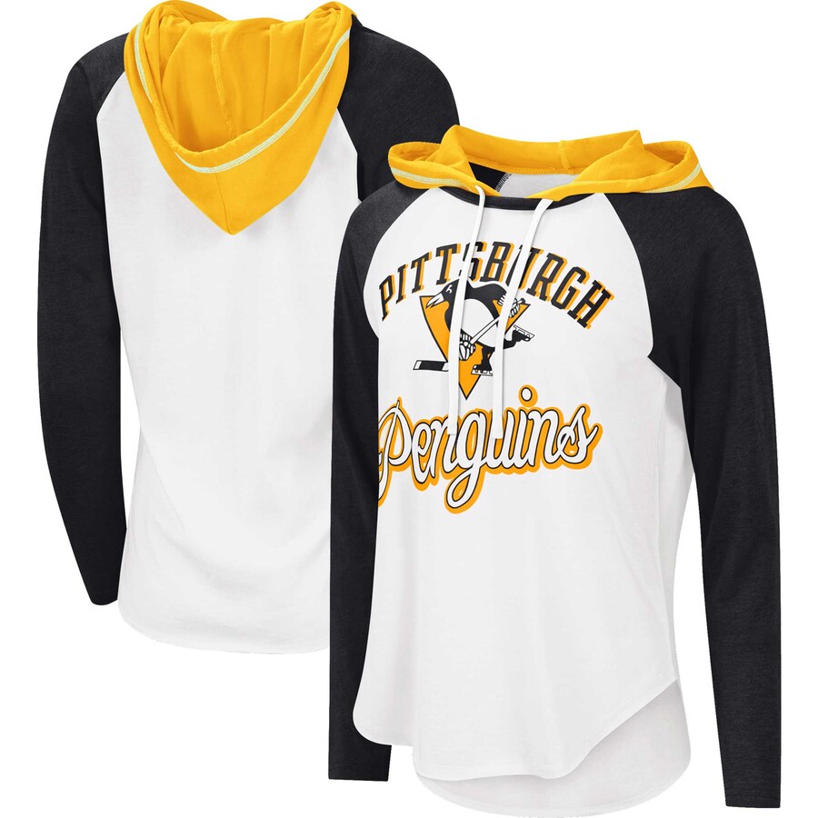 Women's Pittsburgh Penguins G-III Sports by Carl Banks White/Heather Black MVP Raglan Lightweight Hooded T-Shirt - Puhuasuan