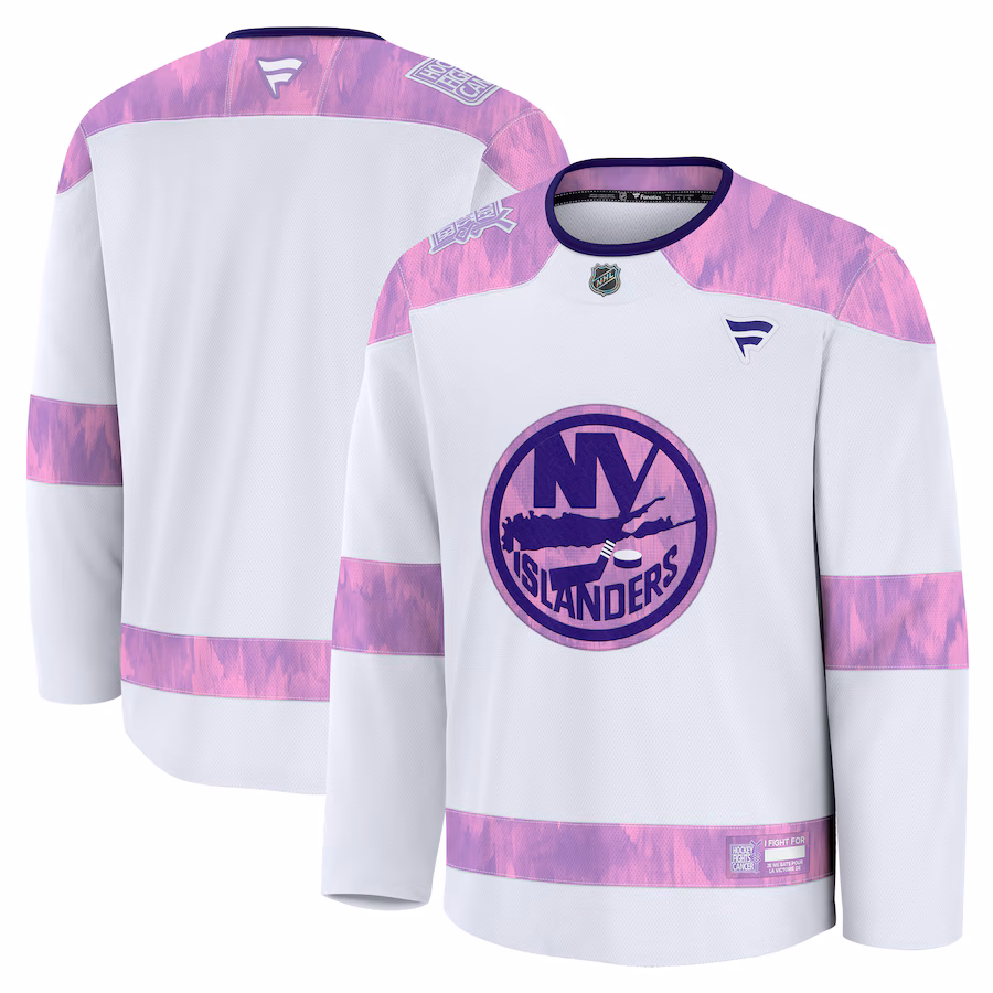 Men's New York Islanders Fanatics White 2024 Hockey Fights Cancer Practice Jersey - Puhuasuan