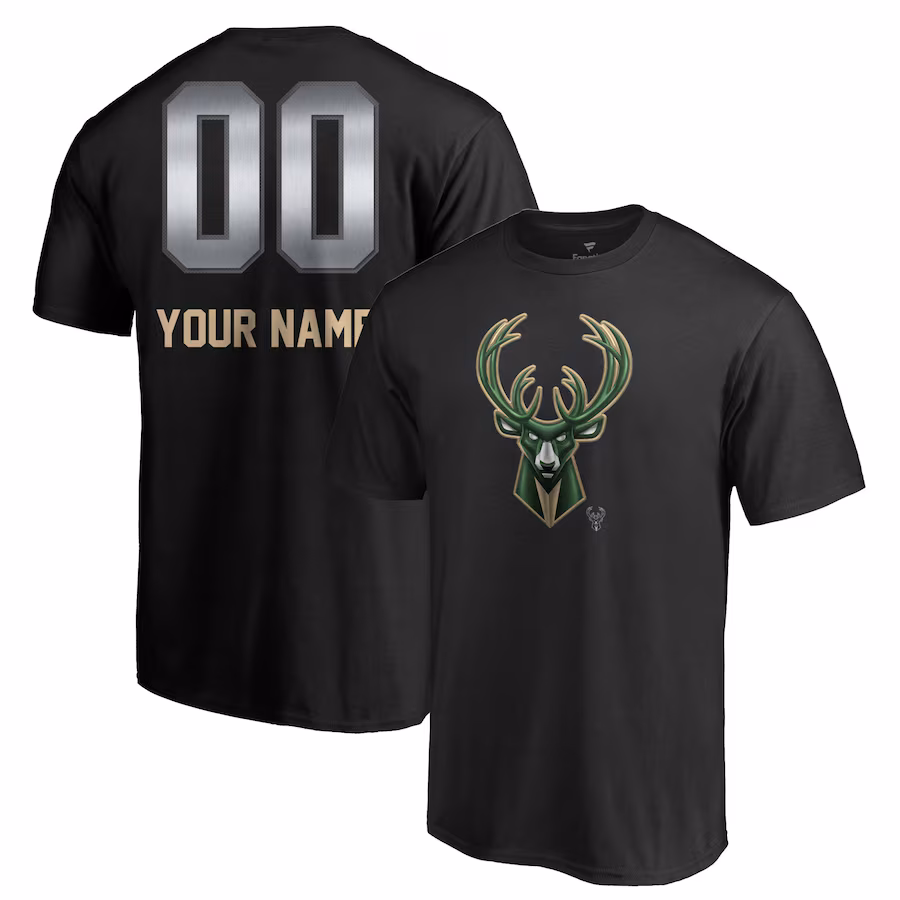 Men's Milwaukee Bucks Black Midnight Mascot Personalized Name & Number T-Shirt - Puhuasuan