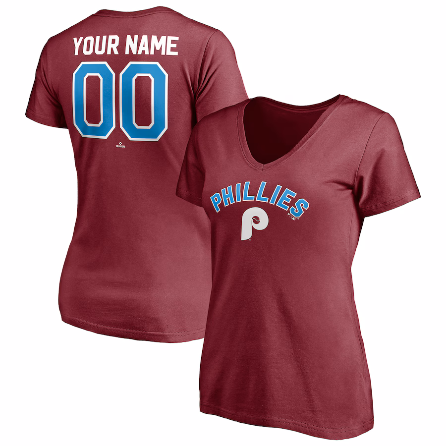 Women's Philadelphia Phillies Burgundy Cooperstown Winning Streak Alternate Personalized Name & Number V-Neck T-Shirt - Puhuasuan