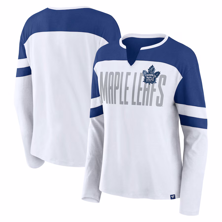 Women's Toronto Maple Leafs Fanatics White/Blue Frozen Long Sleeve Notch Neck T-Shirt - Puhuasuan