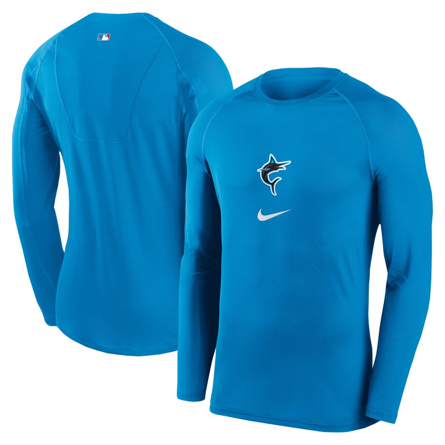 Men's Miami Marlins Nike Blue City Connect Base Layer Raglan Long Sleeve Performance T-Shirt - Puhuasuan