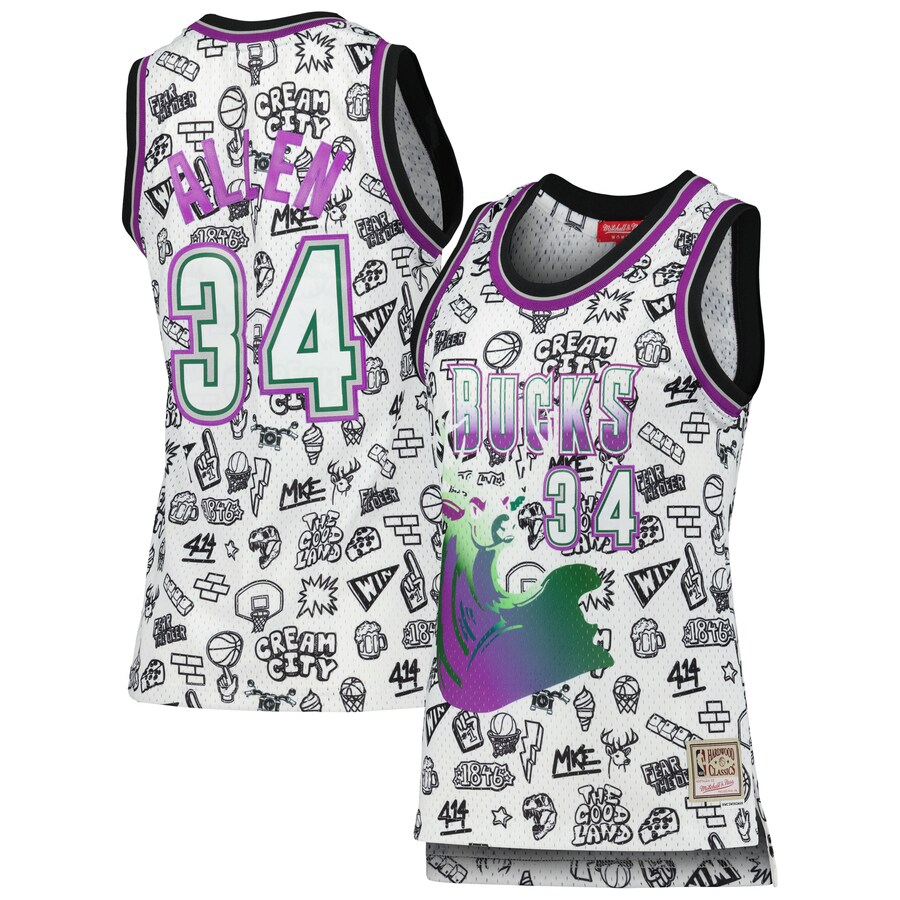 Women's Milwaukee Bucks Ray Allen Mitchell & Ness White 1996 Doodle Swingman Jersey - Puhuasuan