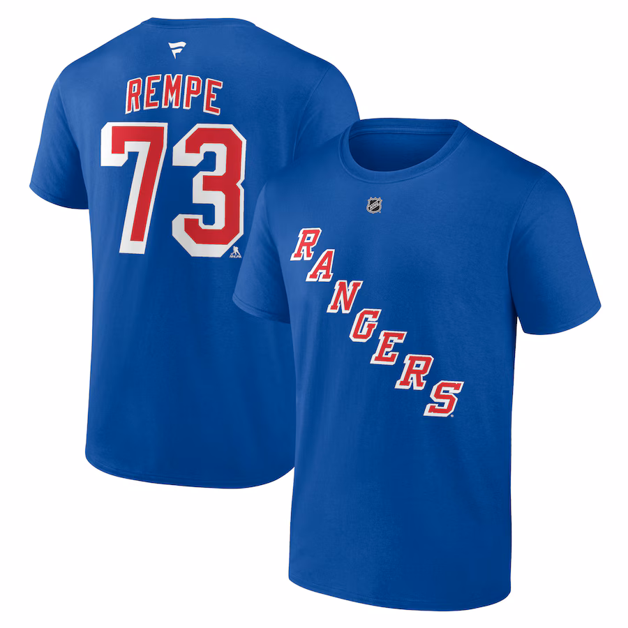 Men's New York Rangers Matt Rempe Fanatics Blue Authentic Stack Name & Number T-Shirt - Puhuasuan