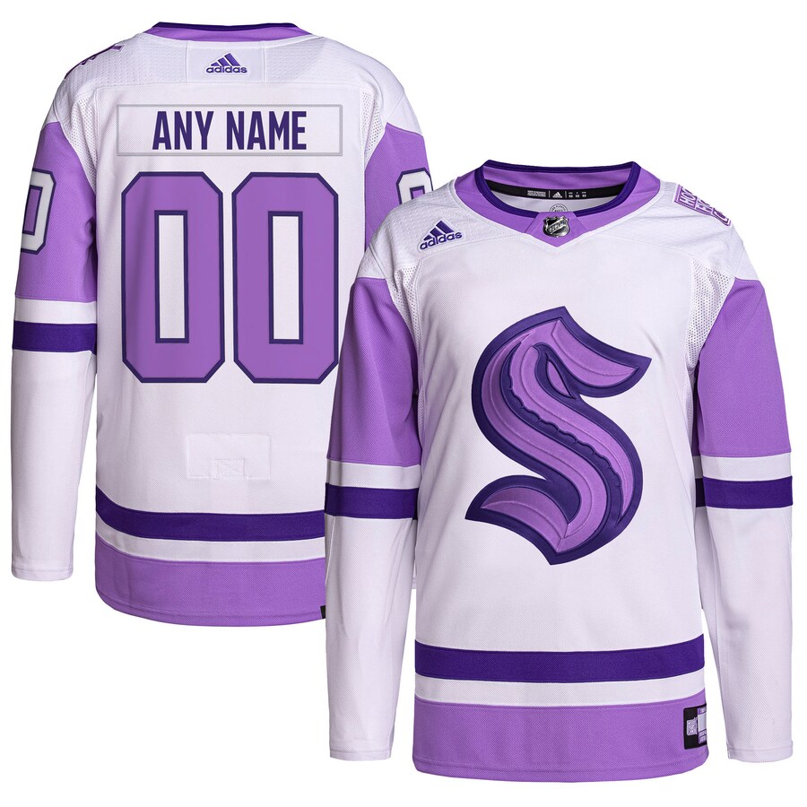 Men's Seattle Kraken adidas White/Purple Hockey Fights Cancer Primegreen Authentic Custom Jersey - Puhuasuan