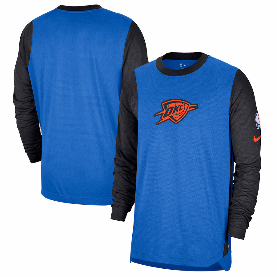 Men's Oklahoma City Thunder Nike Blue/Black 2024/25 City Edition Authentic Pregame Performance Long Sleeve Shooting T-Shirt - Puhuasuan