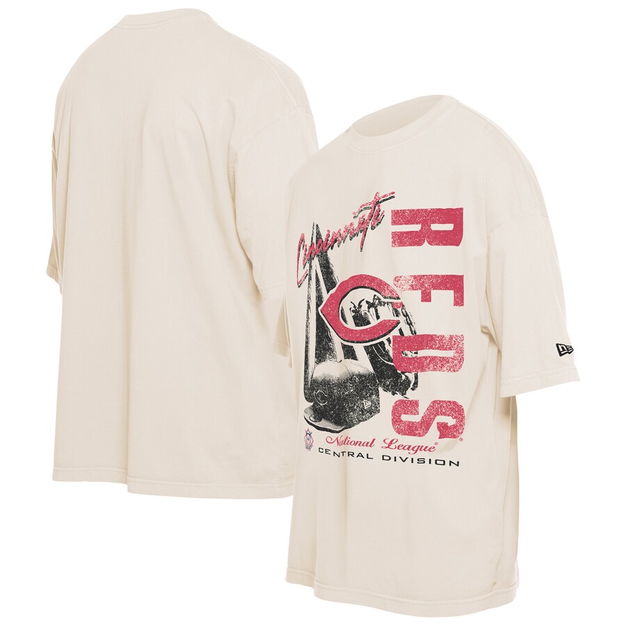 Men's Cincinnati Reds New Era Cream Cooperstown Collection Oversized Throwback Distressed T-Shirt - Puhuasuan