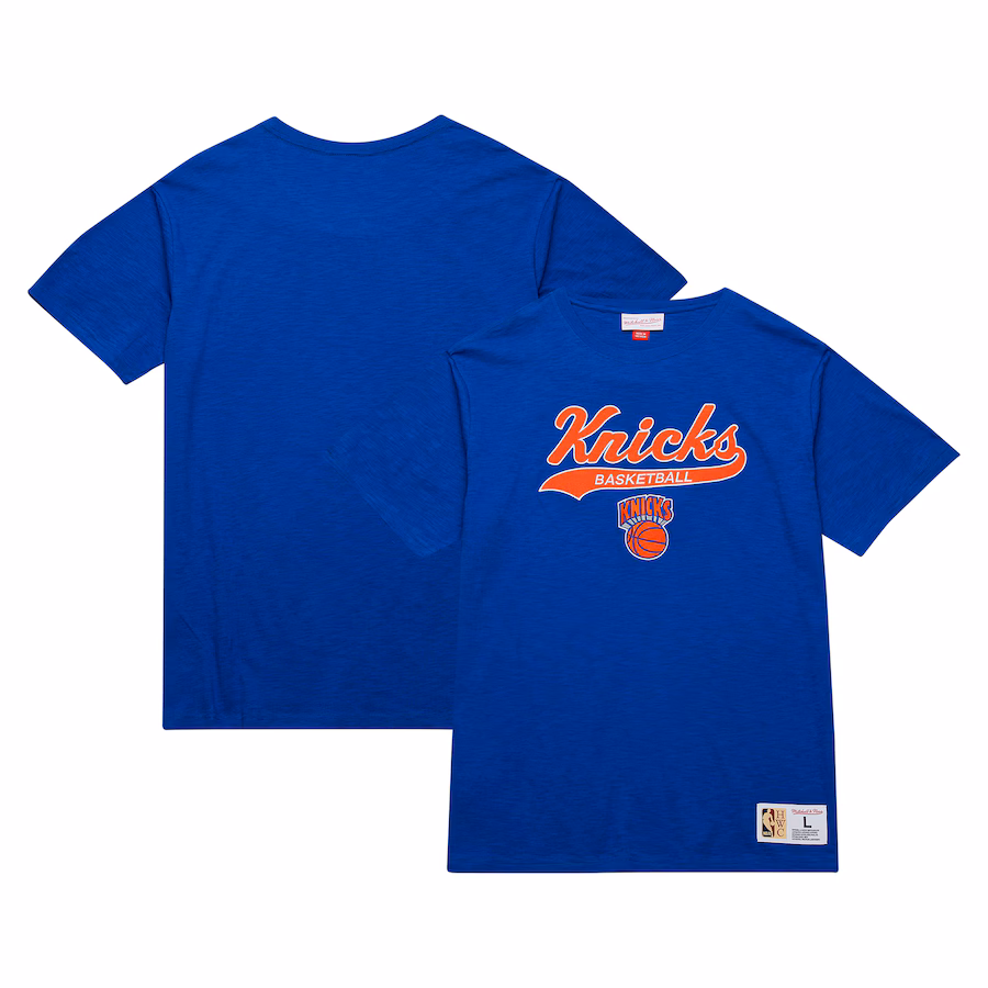 Men's New York Knicks Mitchell & Ness Blue Hardwood Classics Felt Applique Slub T-Shirt - Puhuasuan
