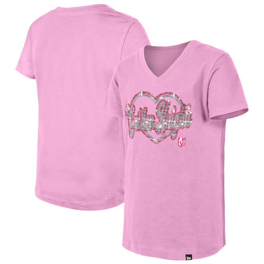 Girl's Youth Vegas Golden Knights New Era Pink Flip Sequin V-Neck T-Shirt - Puhuasuan