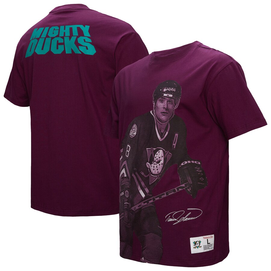 Men's Anaheim Ducks Teemu Selanne Mitchell & Ness Purple Ultimate Player Vintage Logo T-Shirt - Puhuasuan