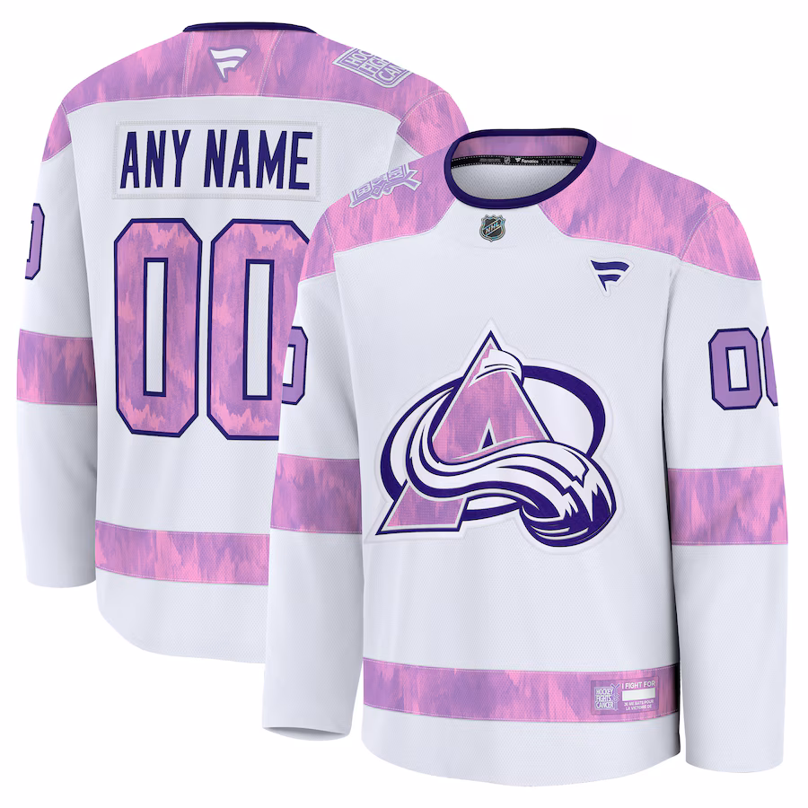 Men's Colorado Avalanche Fanatics White 2024 Hockey Fights Cancer Custom Practice Jersey - Puhuasuan