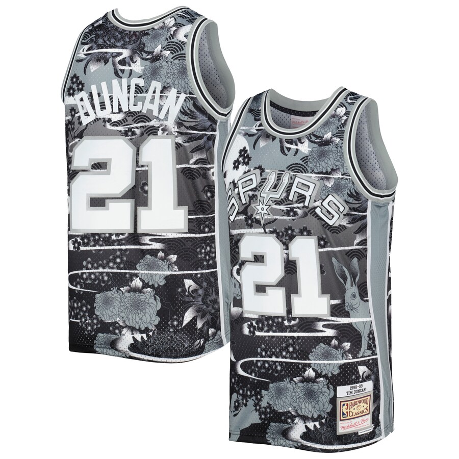 Men's San Antonio Spurs Tim Duncan Mitchell & Ness Silver 1998/99 Hardwood Classics Lunar New Year Swingman Jersey - Puhuasuan