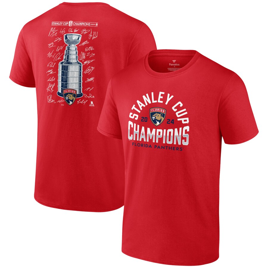 Men's Florida Panthers Fanatics Red 2024 Stanley Cup Champions Signature Roster T-Shirt - Puhuasuan