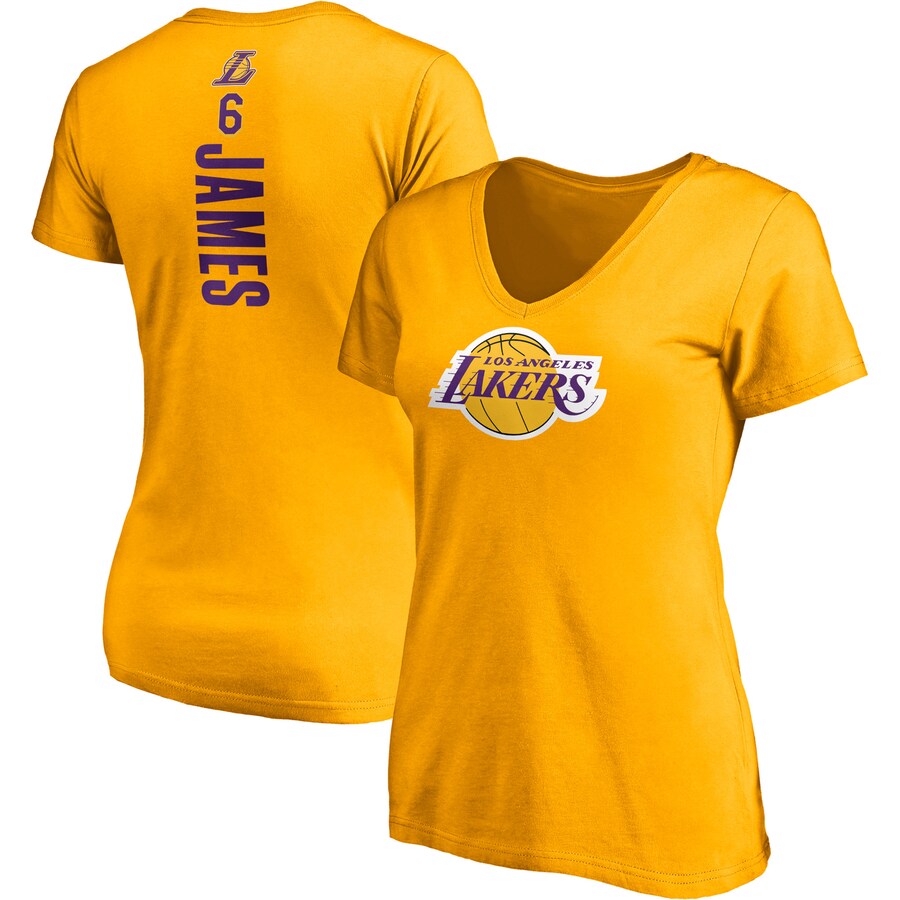 Women's Los Angeles Lakers LeBron James Fanatics Gold Logo Playmaker Name & Number V-Neck T-Shirt - Puhuasuan
