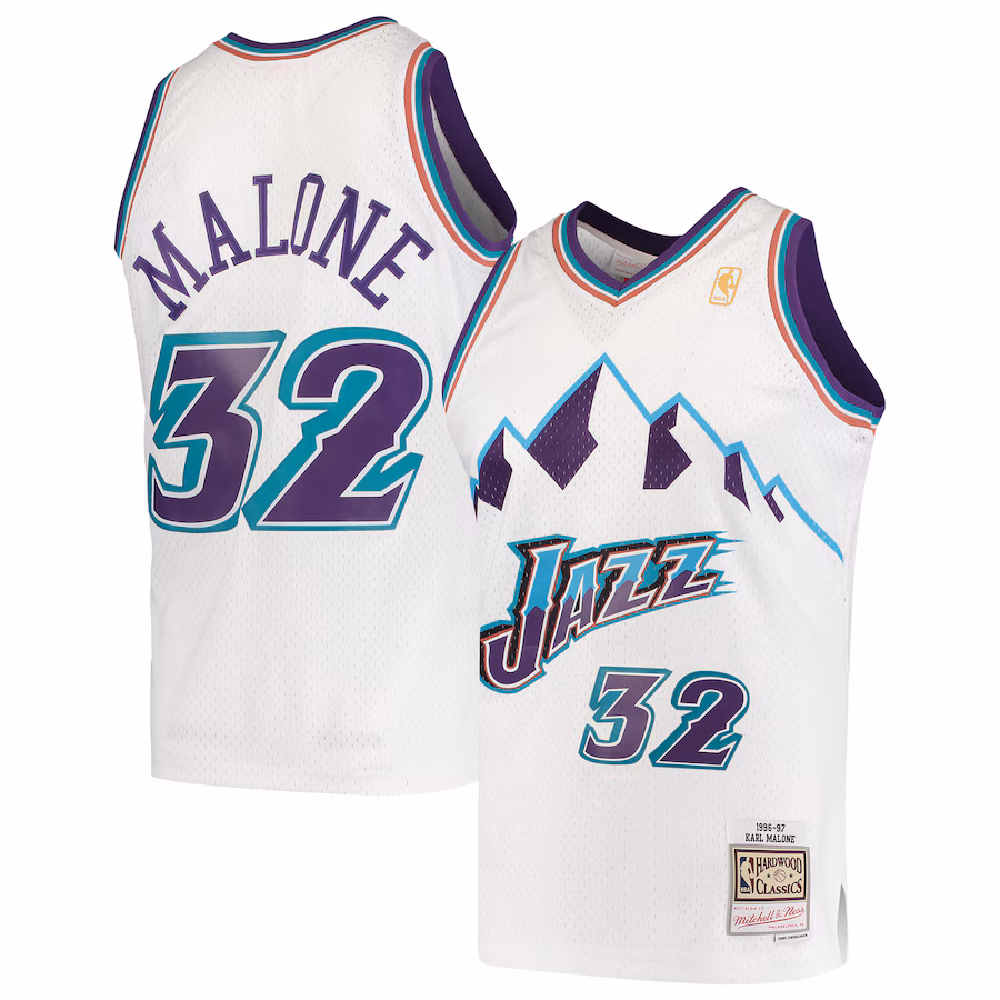 Men's Utah Jazz Karl Malone Mitchell & Ness White 1996/97 Hardwood Classics Swingman Jersey - Puhuasuan