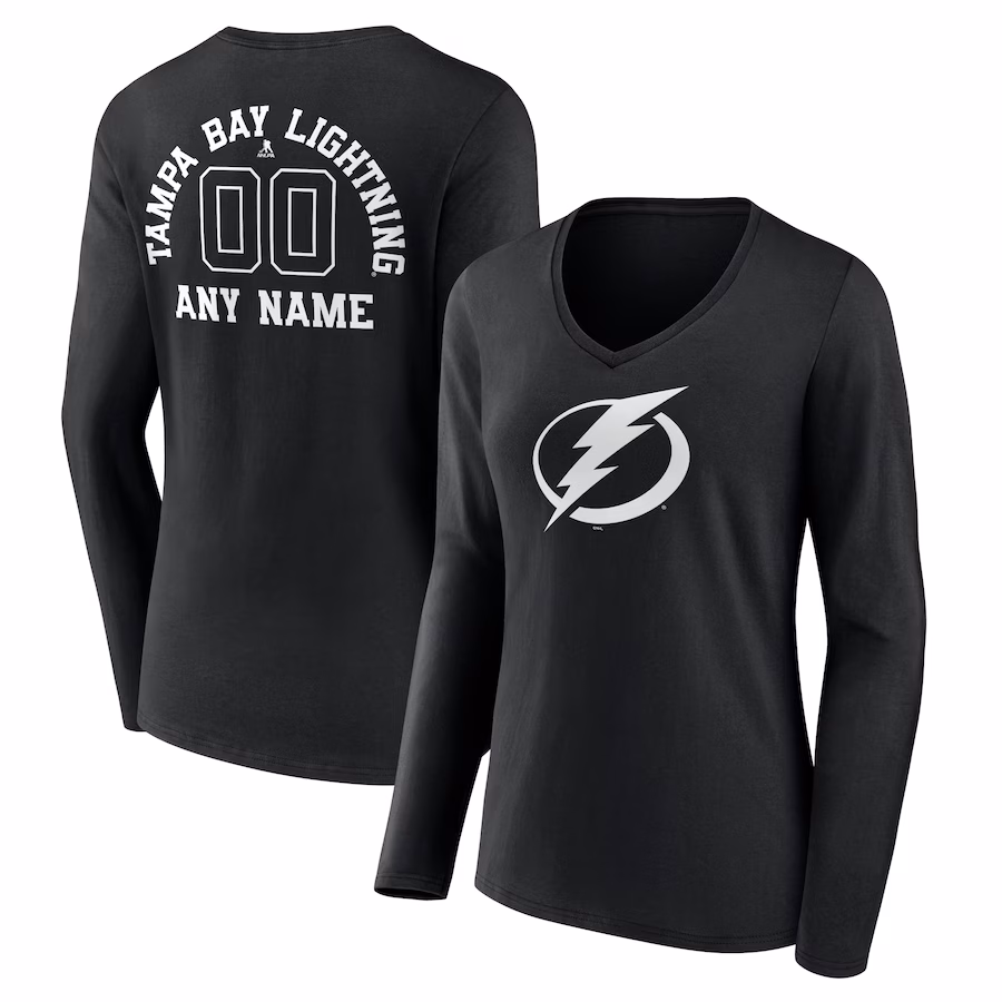 Women's Tampa Bay Lightning Black Personalized Name & Number Monochrome Long Sleeve V-Neck T-Shirt - Puhuasuan