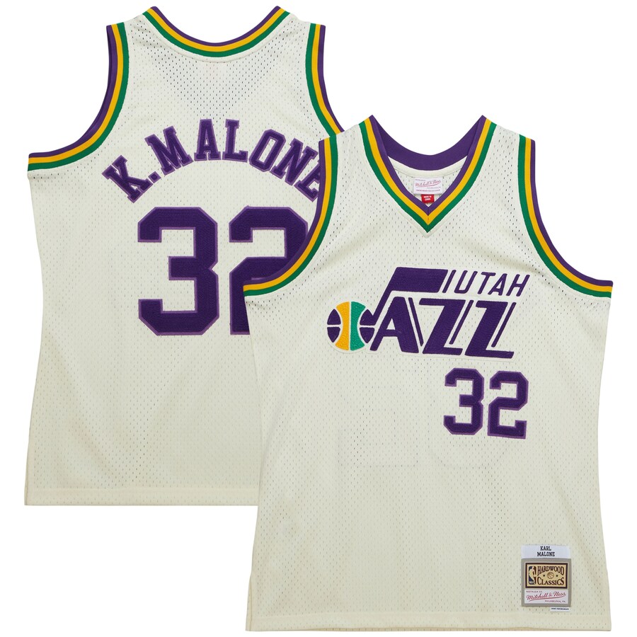 Men's Utah Jazz Karl Malone Mitchell & Ness Cream Chainstitch Swingman Jersey - Puhuasuan