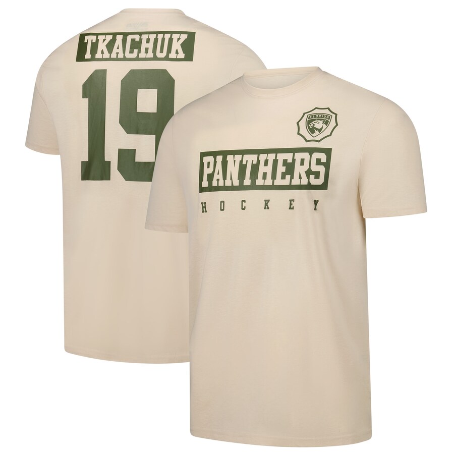 Men's Florida Panthers Matthew Tkachuk Levelwear Khaki 2024 NHL Military Appreciation Richmond Delta Player Name & Number T-Shirt - Puhuasuan
