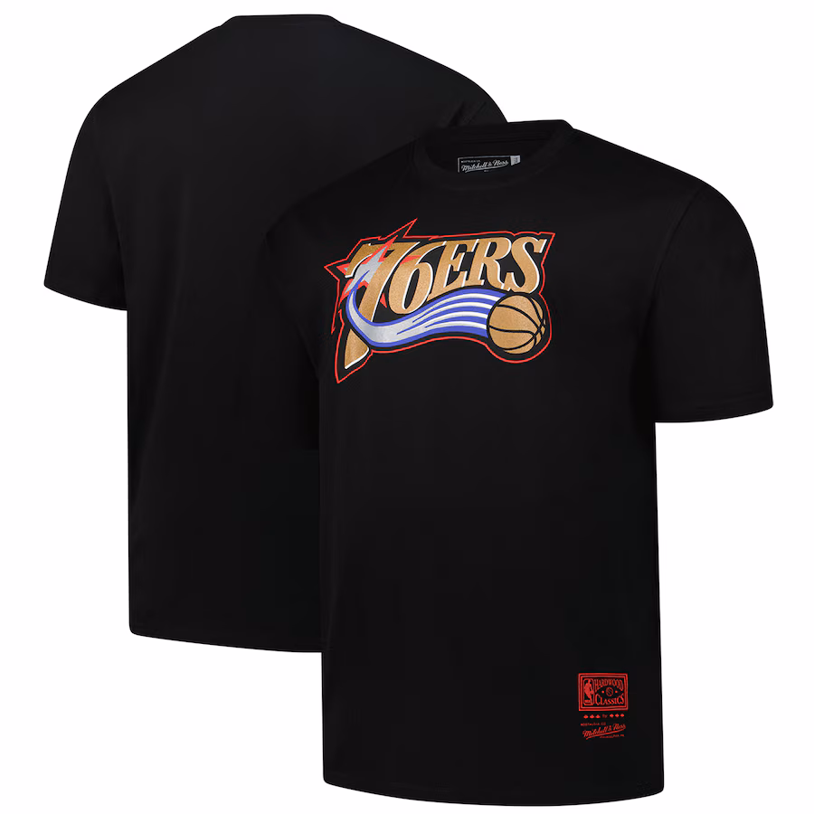 Men's Philadelphia 76ers Mitchell & Ness Black Big & Tall Hardwood Classics Vintage Logo T-Shirt - Puhuasuan