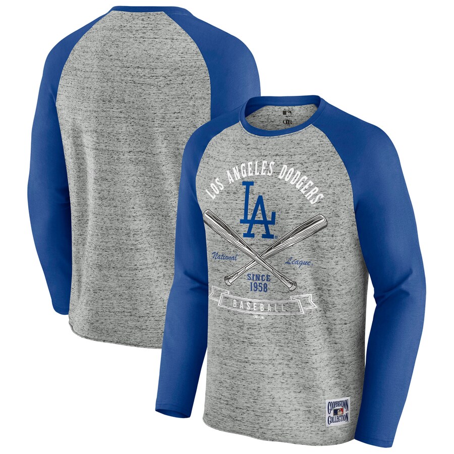Men's Los Angeles Dodgers Darius Rucker Collection by Fanatics Heather Gray Raw Edge Raglan Long Sleeve Baseball T-Shirt - Puhuasuan