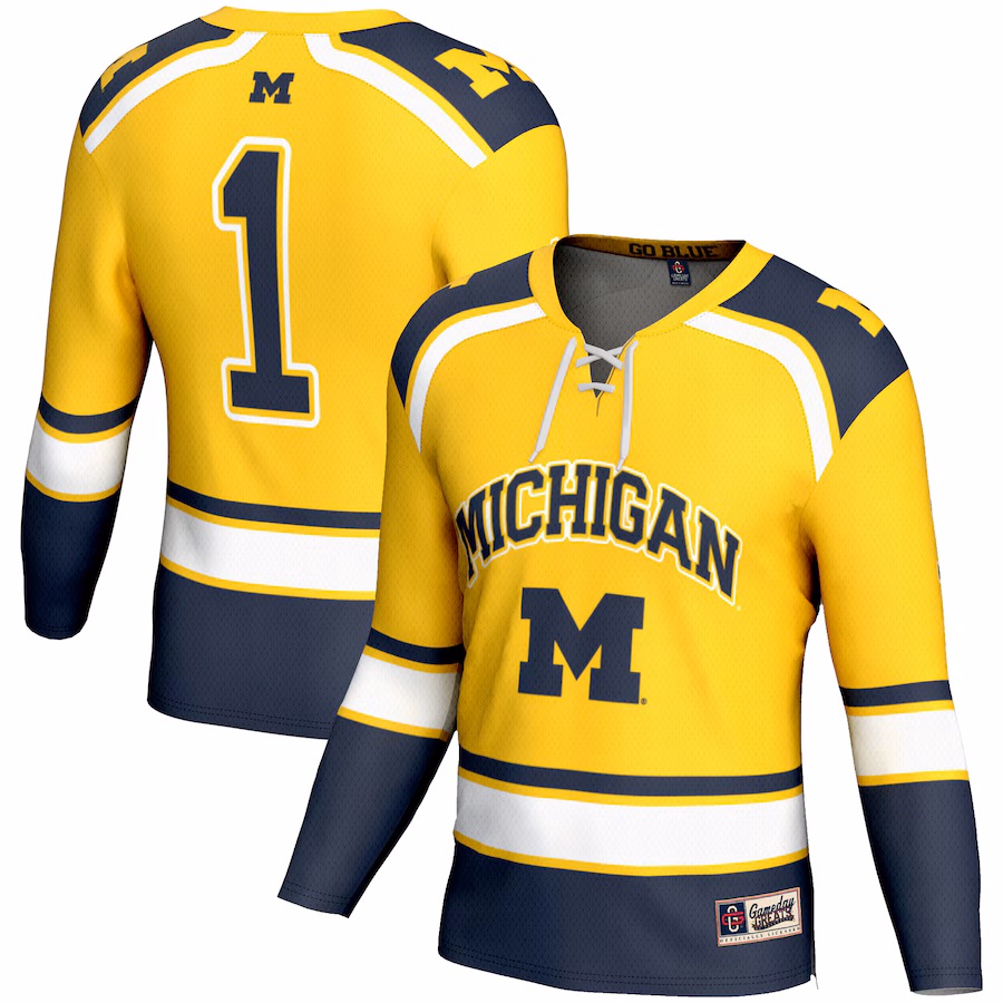 Men's GameDay Greats #1 Maize Michigan Wolverines Hockey Jersey - Puhuasuan