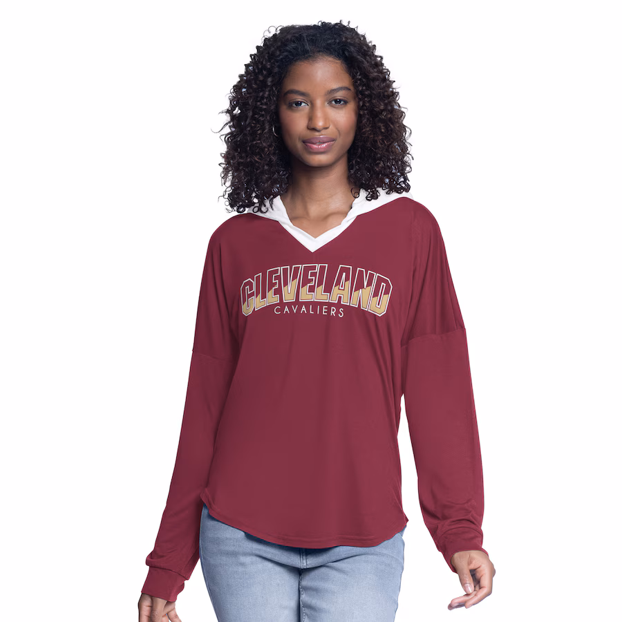 Women's Cleveland Cavaliers G-III 4Her by Carl Banks Wine Bench Player Oversized Long Sleeve Hooded Top - Puhuasuan