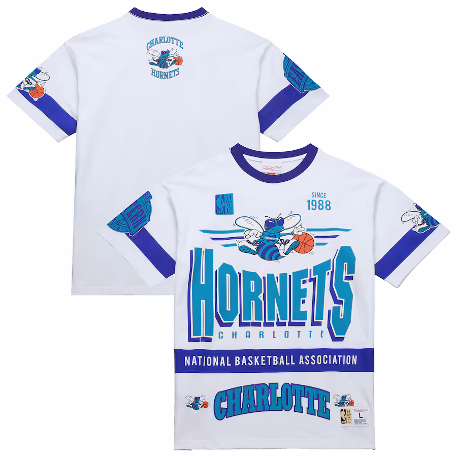 Unisex Charlotte Hornets  Mitchell & Ness White Hardwood Classics Vintage Team Origins Premium T-Shirt - Puhuasuan