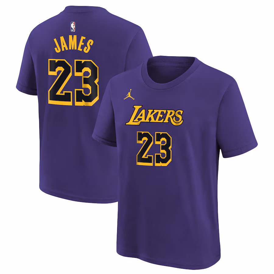 Youth Los Angeles Lakers LeBron James Jordan Brand Purple Name & Number Statement T-Shirt - Puhuasuan