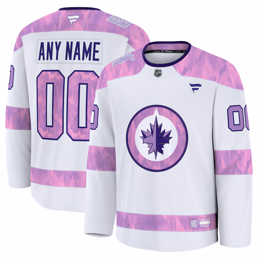 Men's Winnipeg Jets Fanatics White 2024 Hockey Fights Cancer Custom Practice Jersey - Puhuasuan