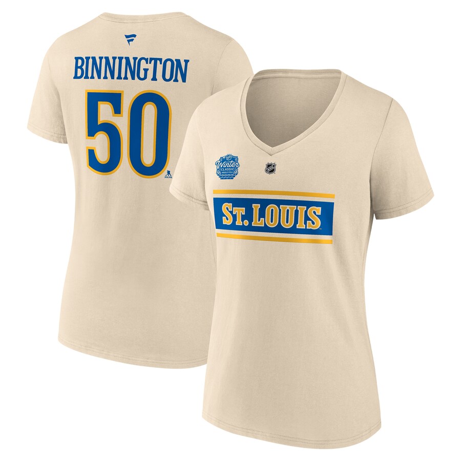 Women's St. Louis Blues Jordan Binnington Fanatics Cream 2025 NHL Winter Classic Authentic Stack Name & Number V-Neck T-Shirt - Puhuasuan