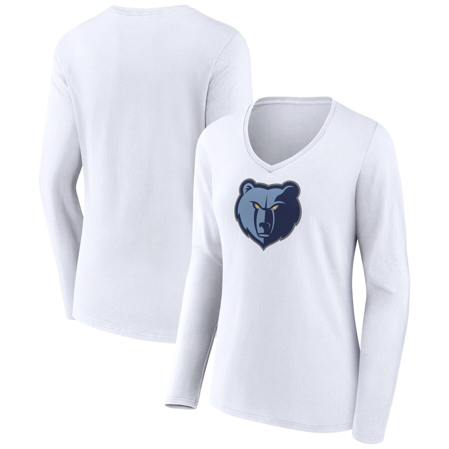 Women's Memphis Grizzlies White Logo Long Sleeve V-Neck T-Shirt - Puhuasuan