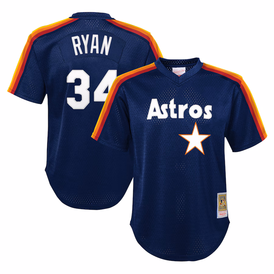 Youth Houston Astros Nolan Ryan Mitchell & Ness Navy Cooperstown Collection Mesh Batting Practice Jersey - Puhuasuan