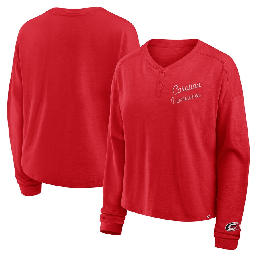 Women's Carolina Hurricanes Fanatics Red Oversized All Out Effort Long Sleeve Henley T-Shirt - Puhuasuan