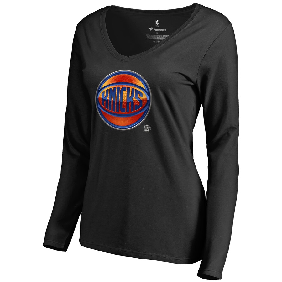 Women's New York Knicks Black Midnight Mascot Long Sleeve V-Neck T-Shirt - Puhuasuan