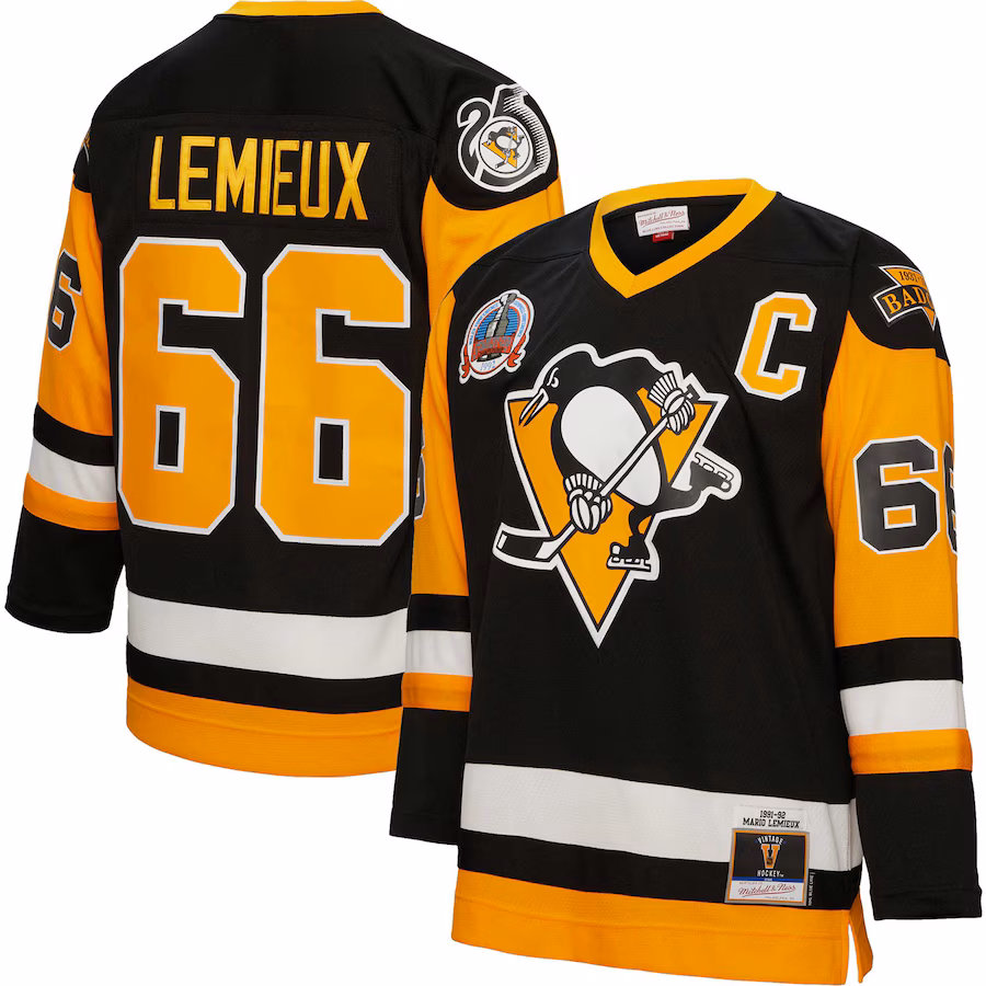 Men's Pittsburgh Penguins Mario Lemieux Mitchell & Ness Black Captain Patch 1991/92 Blue Line Player Jersey - Puhuasuan