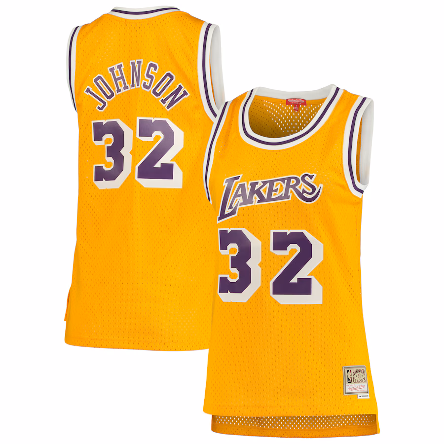Women's Los Angeles Lakers Magic Johnson Mitchell & Ness Gold 1984/85 Hardwood Classics Swingman Jersey - Puhuasuan