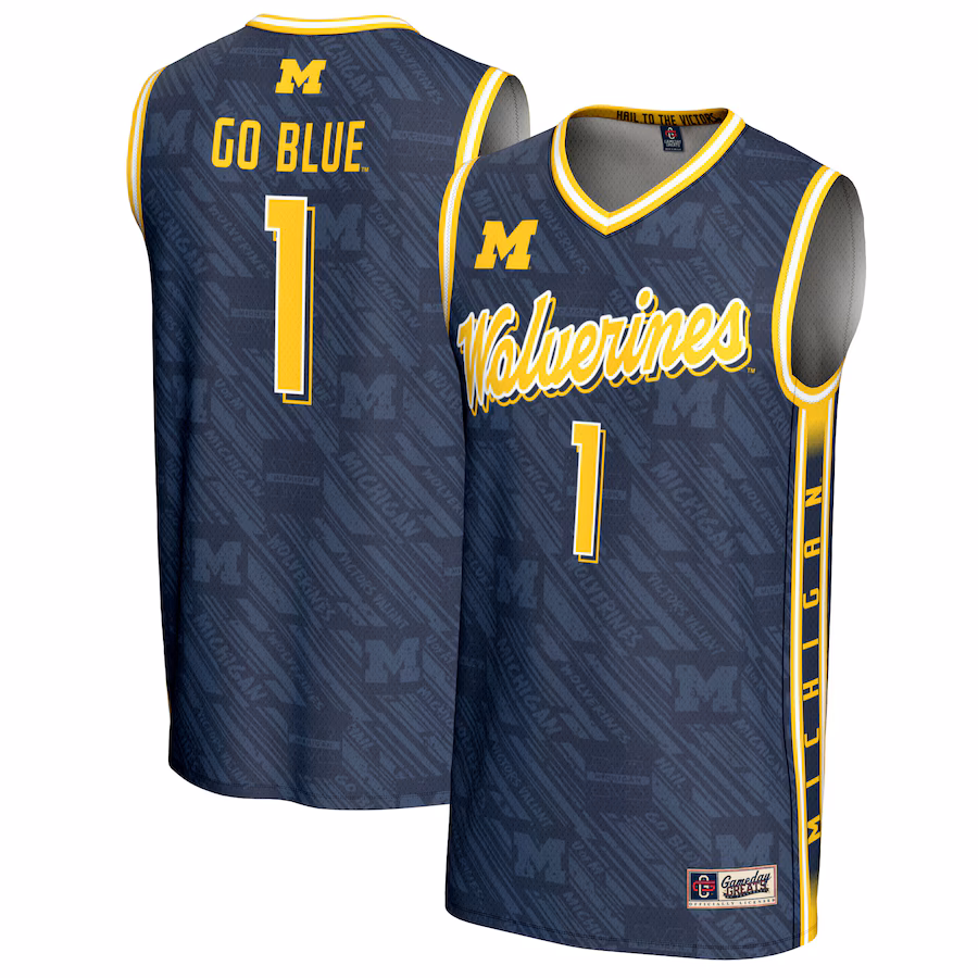 Youth GameDay Greats #1 Navy Michigan Wolverines Highlight Print Lightweight Basketball Fashion Jersey - Puhuasuan