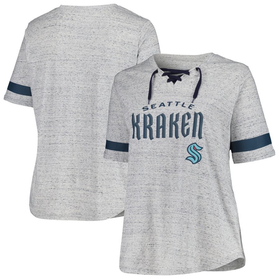 Women's Seattle Kraken Fanatics Heather Gray Plus Size Lace-Up T-Shirt - Puhuasuan