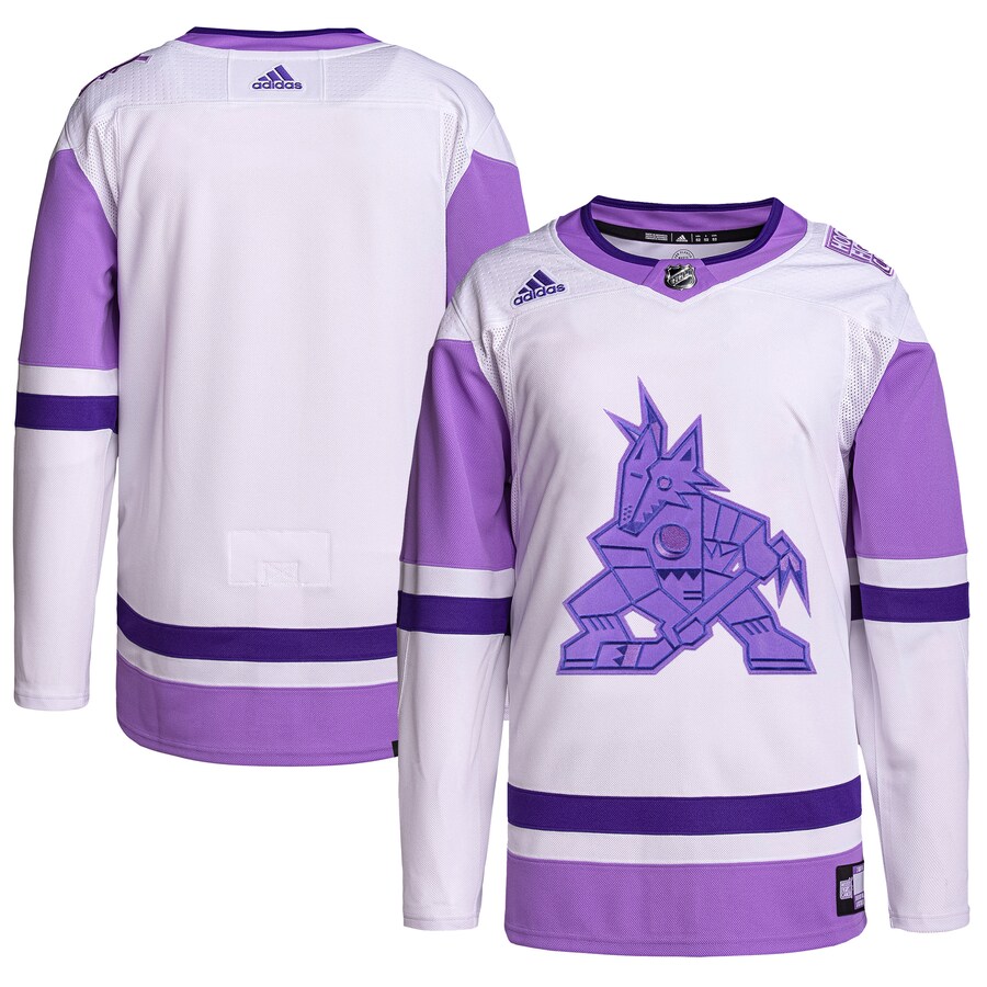 Men's Arizona Coyotes adidas White/Purple Hockey Fights Cancer Primegreen Authentic Blank Practice Jersey - Puhuasuan