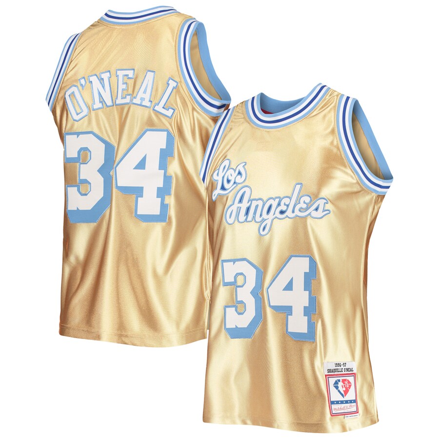 Men's Los Angeles Lakers Shaquille O'Neal Gold Mitchell & Ness 75th Anniversary 1996/97 Hardwood Classics Swingman Jersey - Puhuasuan