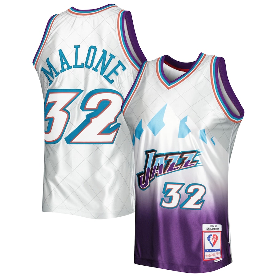 Men's Utah Jazz Karl Malone Mitchell & Ness Platinum 1996/97 Hardwood Classics 75th Anniversary Swingman Jersey - Puhuasuan