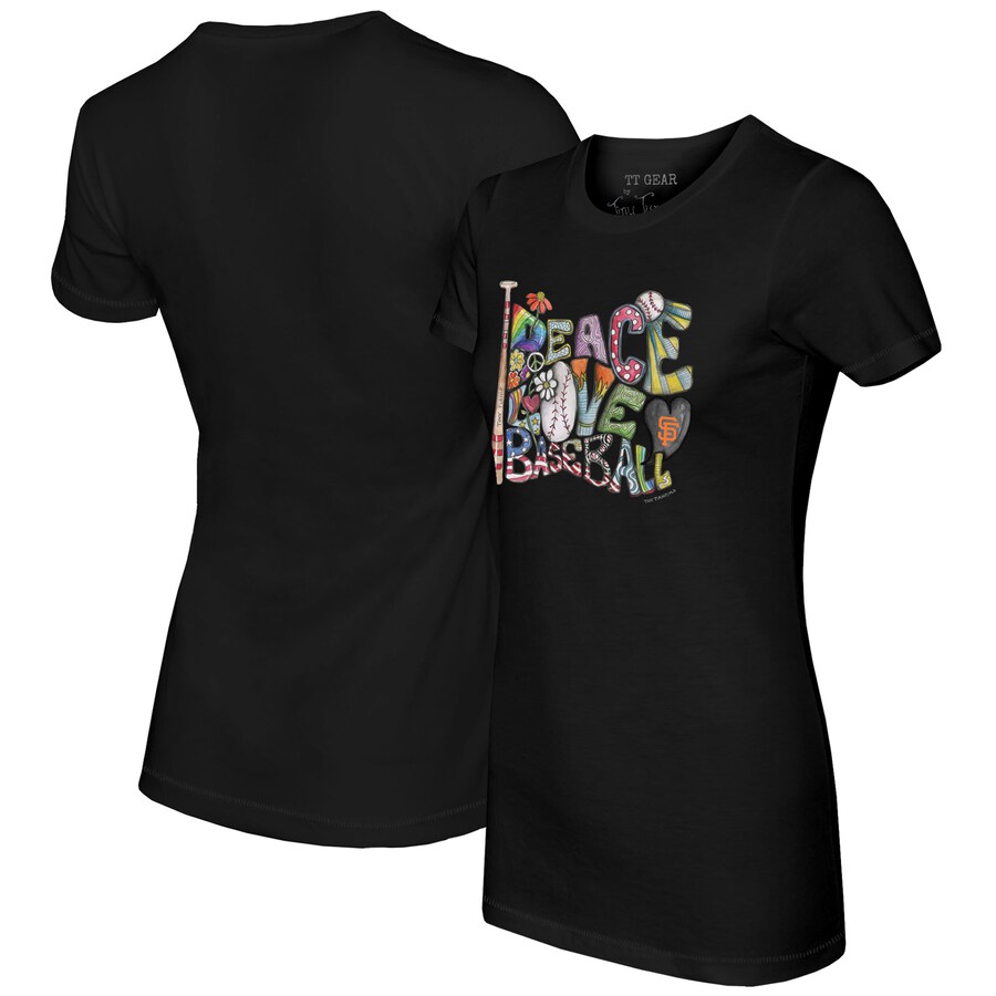 Women's San Francisco Giants Tiny Turnip Black Peace Love Baseball Fitted T-Shirt - Puhuasuan