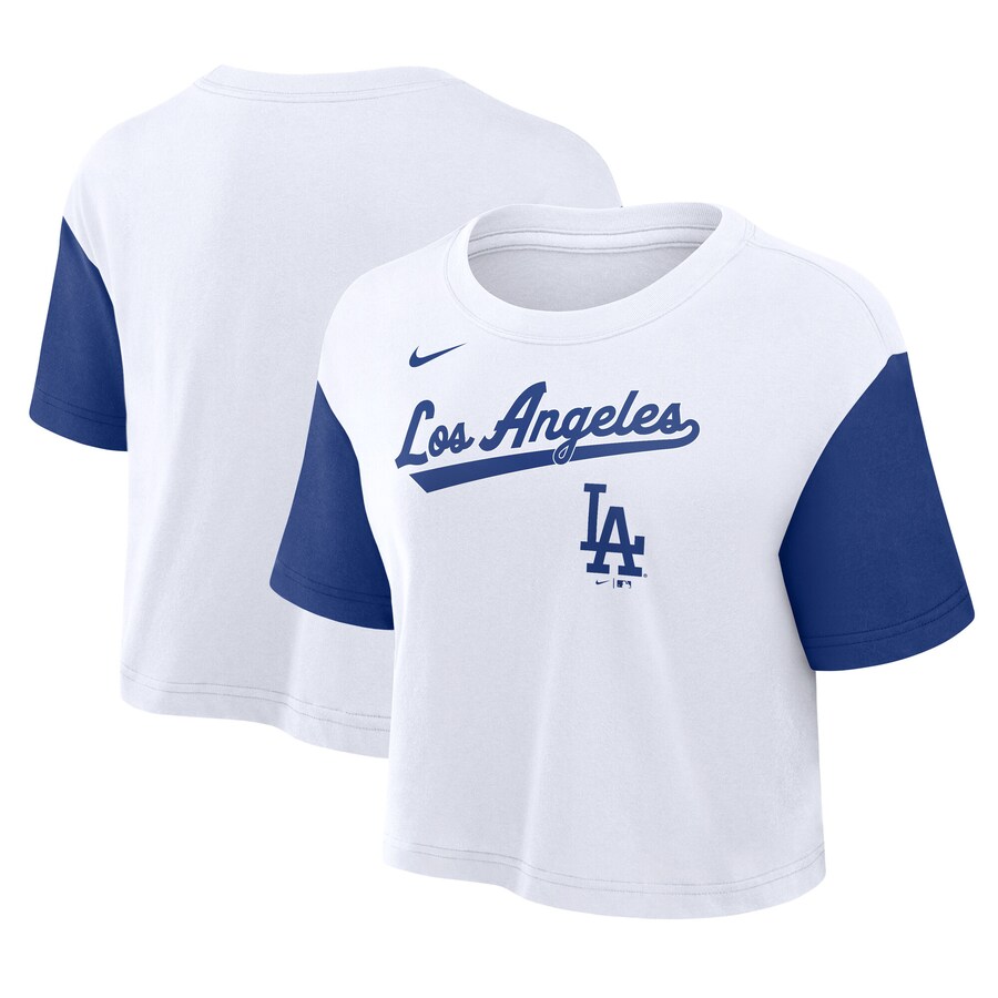 Women's Los Angeles Dodgers Nike White/Royal Script Cropped Performance T-Shirt - Puhuasuan