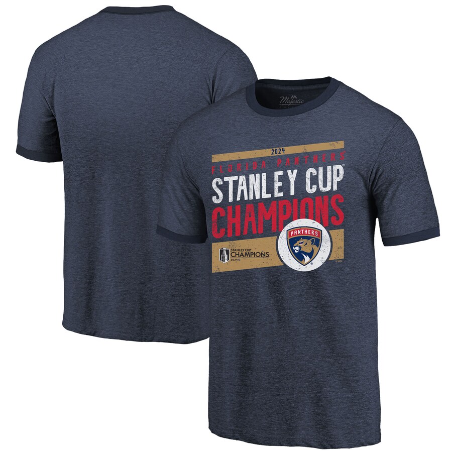 Men's Florida Panthers Majestic Threads Navy 2024 Stanley Cup Champions Tri-Blend Ringer T-Shirt - Puhuasuan