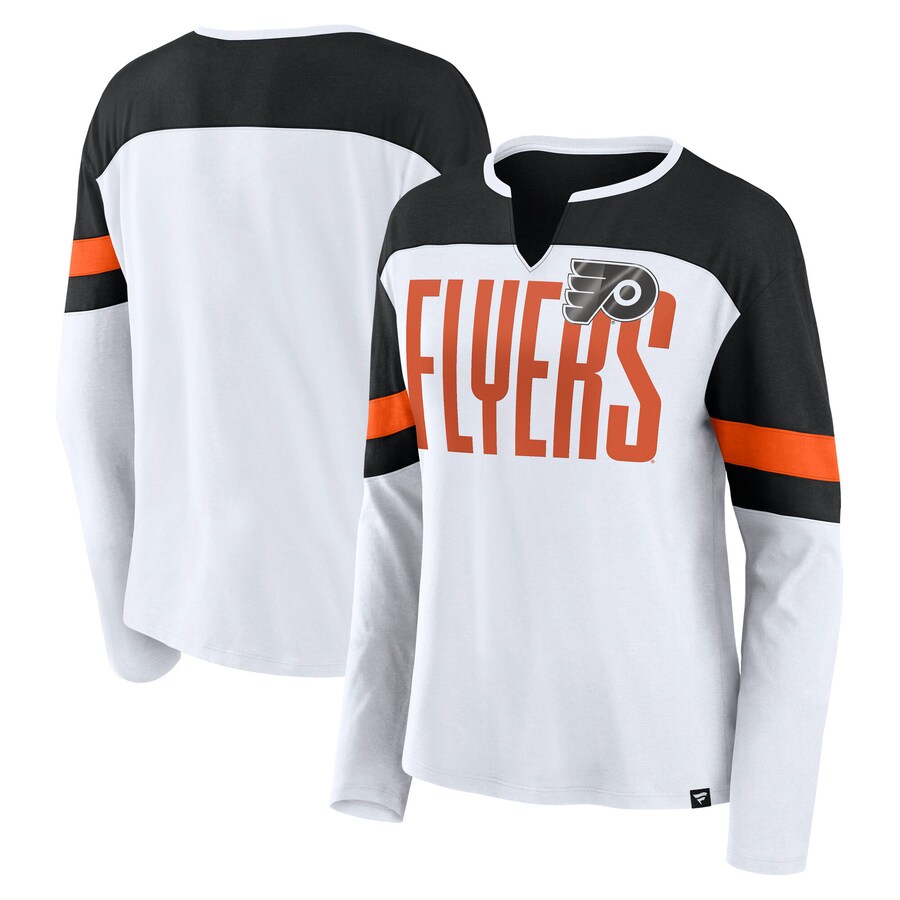Women's Philadelphia Flyers Fanatics White/Black Frozen Long Sleeve Notch Neck T-Shirt - Puhuasuan